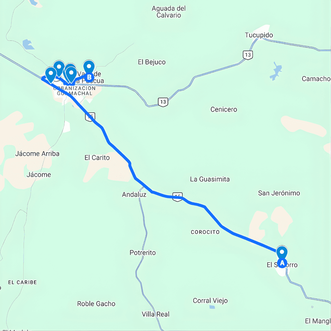 Valle La Pascua Ruta de Bus A: Carretera Nacional Valle La Pascua- El Socorro