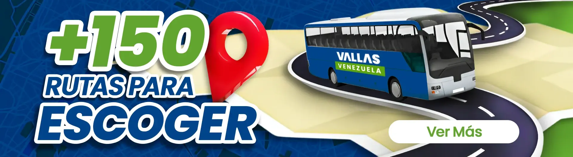 Banner de Valla Bus, contiene el texto "+150 rutas para escoger", se muestra la imagen de un autobús publicitario sobre una ruta en zigzag, al hacer clic llevará a una sección donde se muestran los mapas de rutas de autobús en Venezuela para publicidad