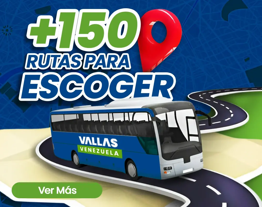 Banner de Valla Bus, contiene el texto "+150 rutas para escoger", se muestra la imagen de un autobús publicitario sobre una ruta en zigzag, al hacer clic llevará a una sección donde se muestran los mapas de rutas de autobús en Venezuela para publicidad